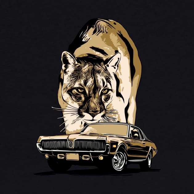 1968 Mercury Cougar with cougar cat backdrop, gold theme. Original design by ZoeysGarage